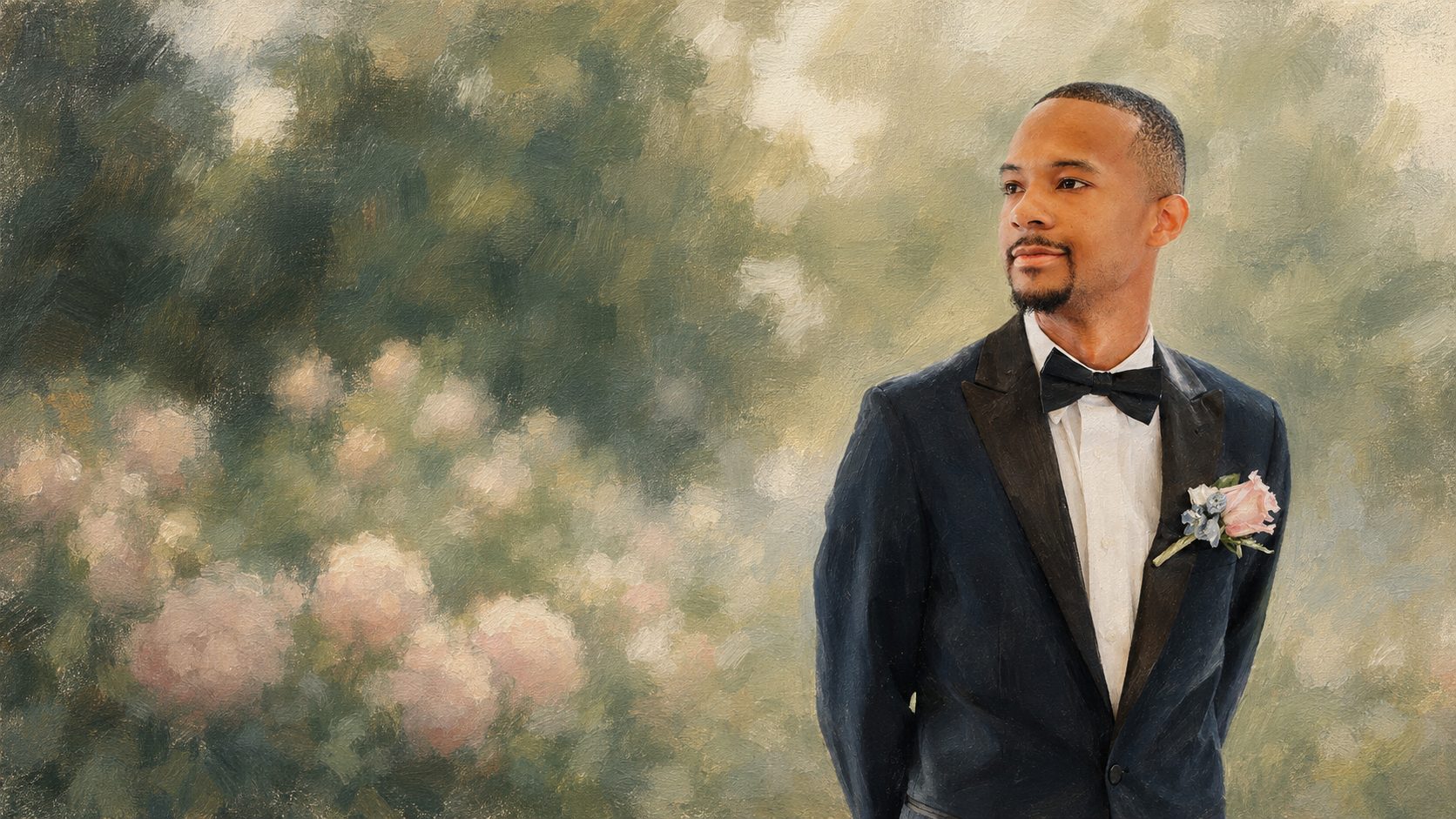 Painted portrait of Jaylan Scott in a navy tuxedo, looking off to the left across a soft garden